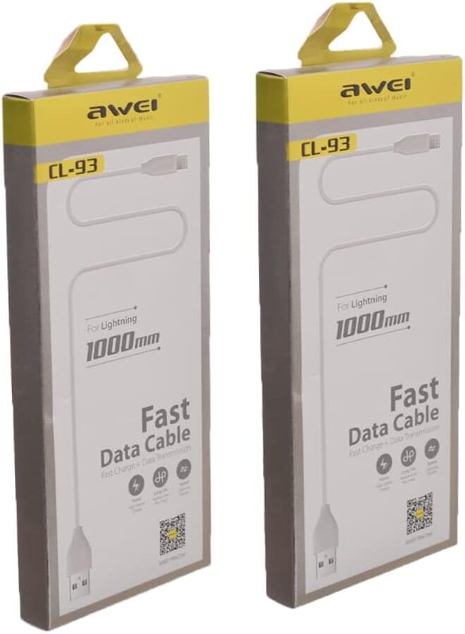 Awei cl-93 USB to lightning Fast Charging Cable And Data Transmission For Mobile Phone Set of 2 pieces 1000mm - white